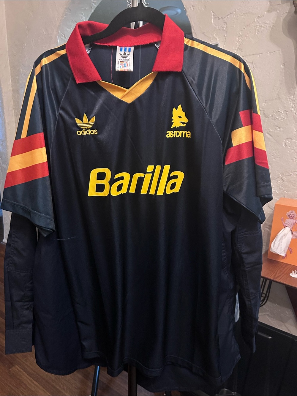VINTAGE adidas Men’s Navy, Red & Yellow AS Roma Football Jersey w/ Barilla Logo
